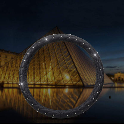 EING Steering Wheel Cover Leather Crystal Bling Anti-Slip Auto Car Steering Wheel Case Universal for 15 inch,Black