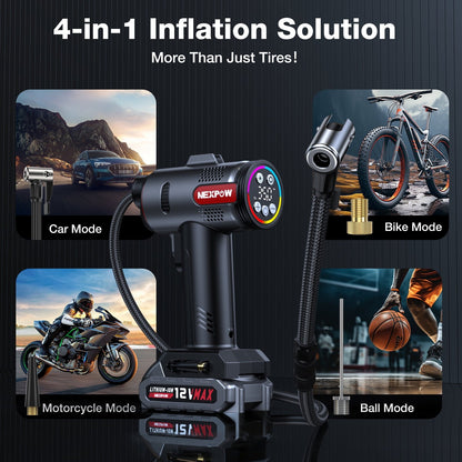 NEXPOW Tire Inflator Portable Air Compressor, 160PSI Cordless Car Tire Pump, Rechargeable Battery Powered Air Compressor 12V DC Adapter, Digital Pressure Gauge