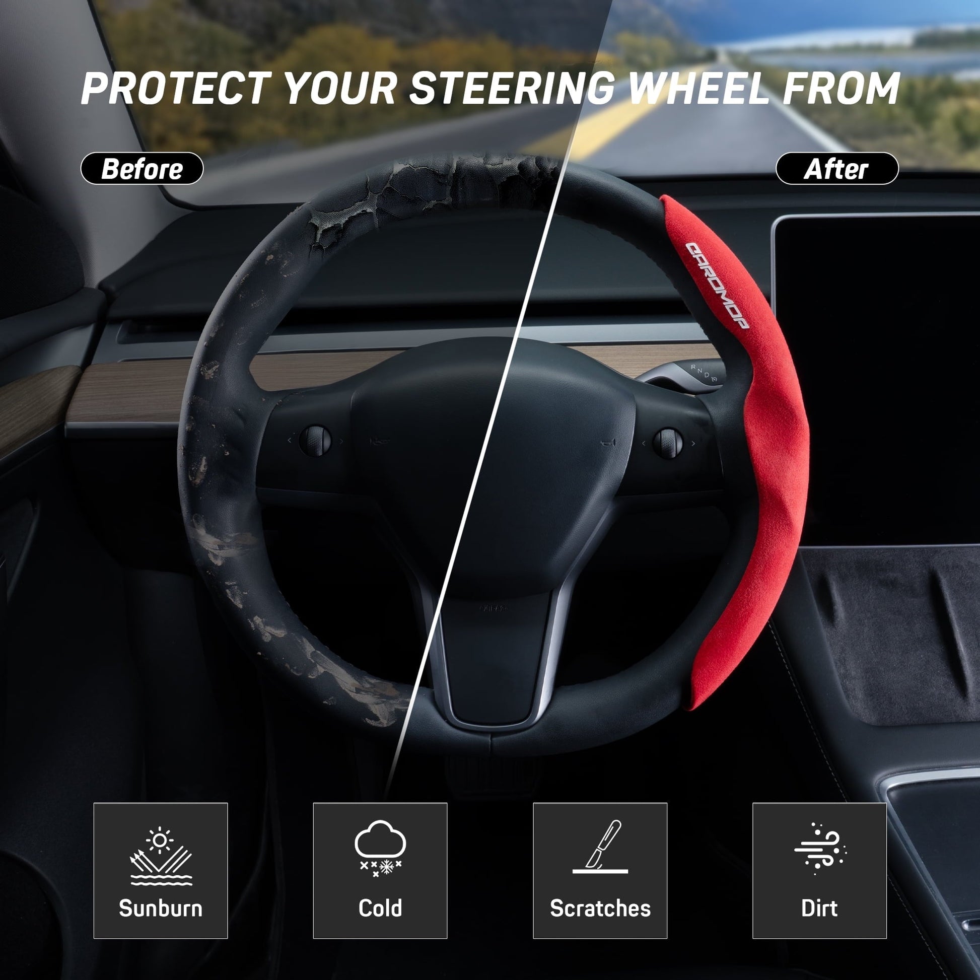 Caromop Suede Steering Wheel Cover, 14.5-15 in, Non-Slip, 2 pack, Red