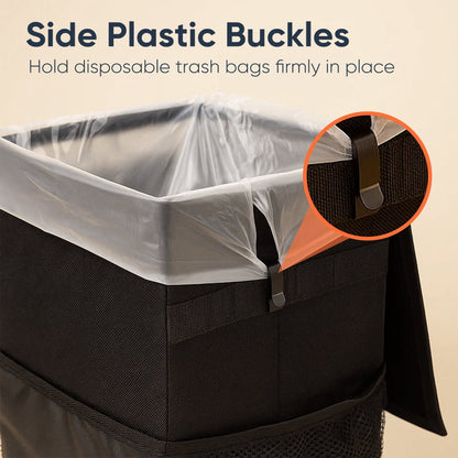 Deli Car Trash Can with Lid, 3 Gallon/11.5L Leak-Proof Trash Bin Car Garbage Can with Mesh Pockets,Waterproof Collapsible Car Organizer Hanging for Back/Front Seat/Console