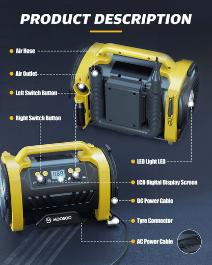 MOOSOO AC/DC Tire Inflator, 3 in 1 Portable Air Compressor for Car Tires with Auto Shut-off, LED Light, 150PSI Air Pump for Cars, Balls, Motorcycles