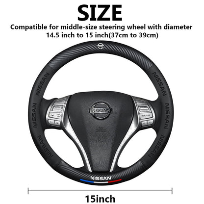 Premium Custom Fit Steering Wheel Cover for Nissan - Genuine NAPA Leather & Carbon Fiber Design | Anti-Slip Grip | Includes Bonus Cup Mat & 3-in-1 Charging Cable (Black)
