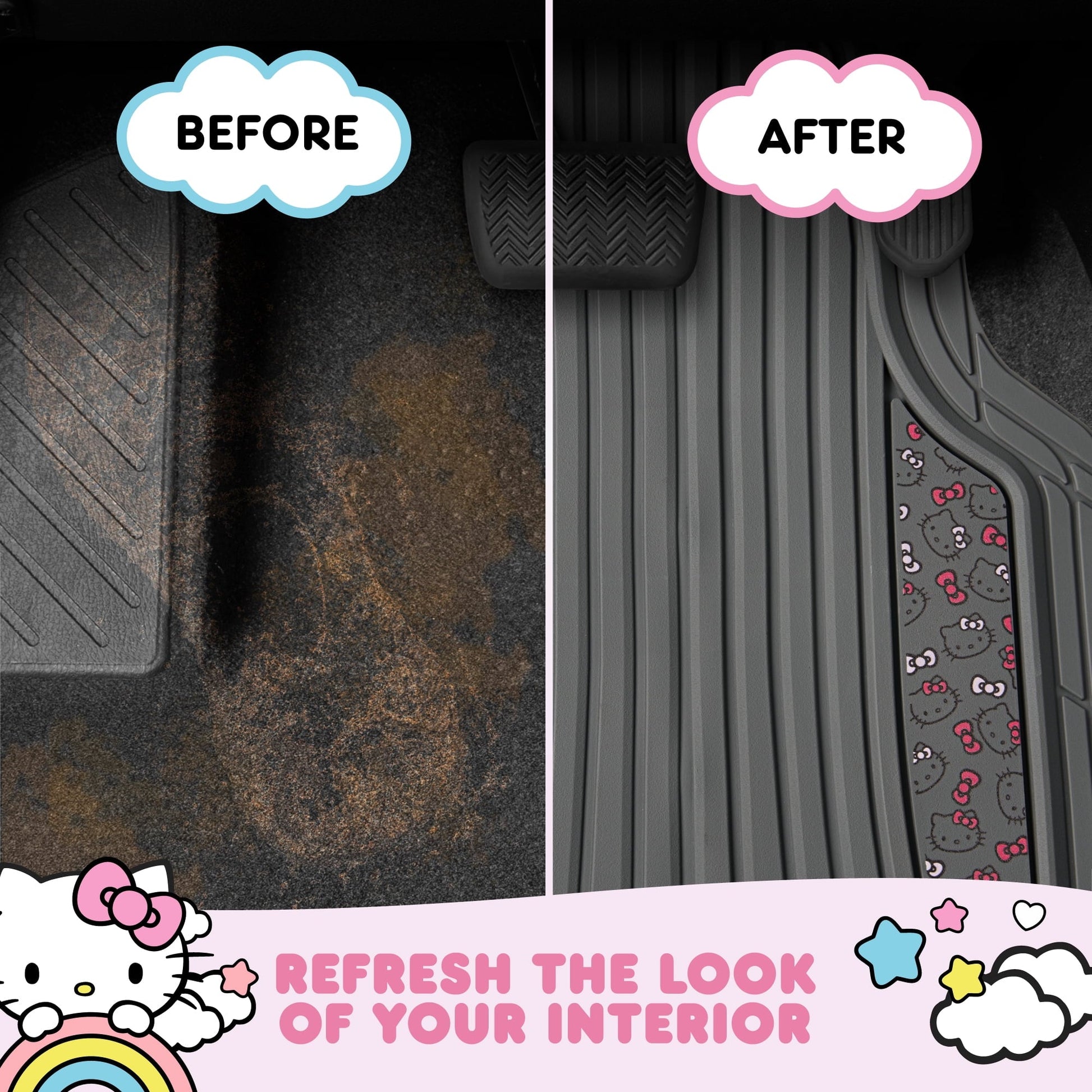 Hello Kitty 4pc Car Mats for Cars, Trucks, SUVs - Kawaii Rubber Floor Mats for Women & Men, Heavy Duty Non-Slip Front & Rear Mats, Cute Hello Kitty Accessories, Classic Gray with Pink Bows