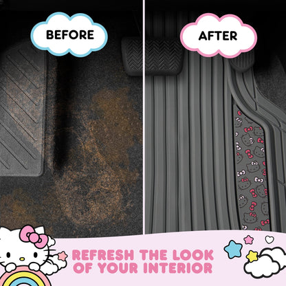 Hello Kitty 4pc Car Mats for Cars, Trucks, SUVs - Kawaii Rubber Floor Mats for Women & Men, Heavy Duty Non-Slip Front & Rear Mats, Cute Hello Kitty Accessories, Classic Gray with Pink Bows