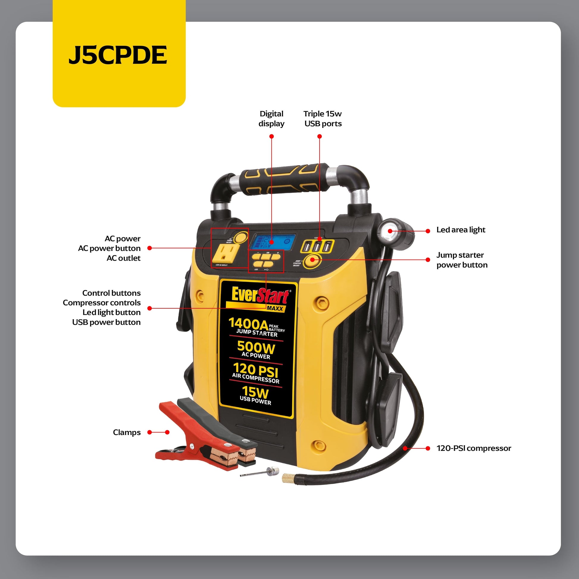 EverStart Maxx J5CPDE 1400 Peak Amps Jump Starter, Power Station, 500W Inverter, 120 PSI Compressor