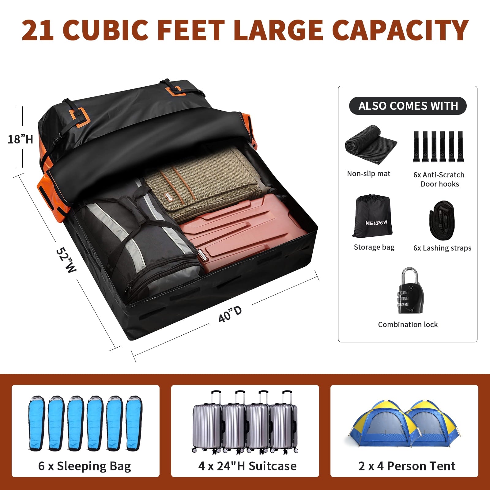 NEXPOW Car Rooftop Cargo Carrier Bag, 21 Cubic Feet Waterproof Heavy Duty 840D Car Roof Bag for All Vehicle with/Without Racks