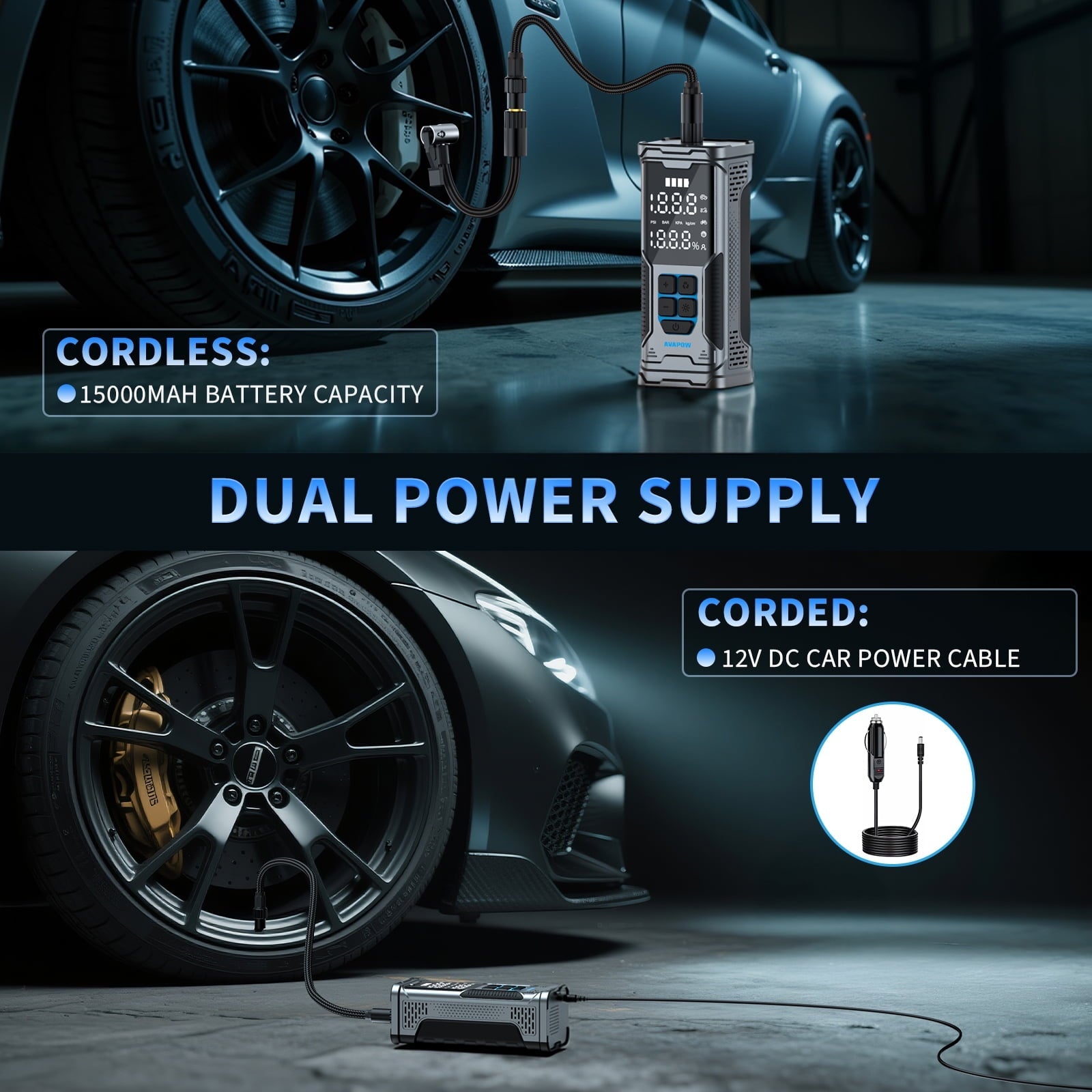 AVAPOW Cordless Tire Inflator, 180PSI Portable Air Compressor, Air Pump for Car Tires with Digital Pressure Gauge, LED Light, Auto Shutoff