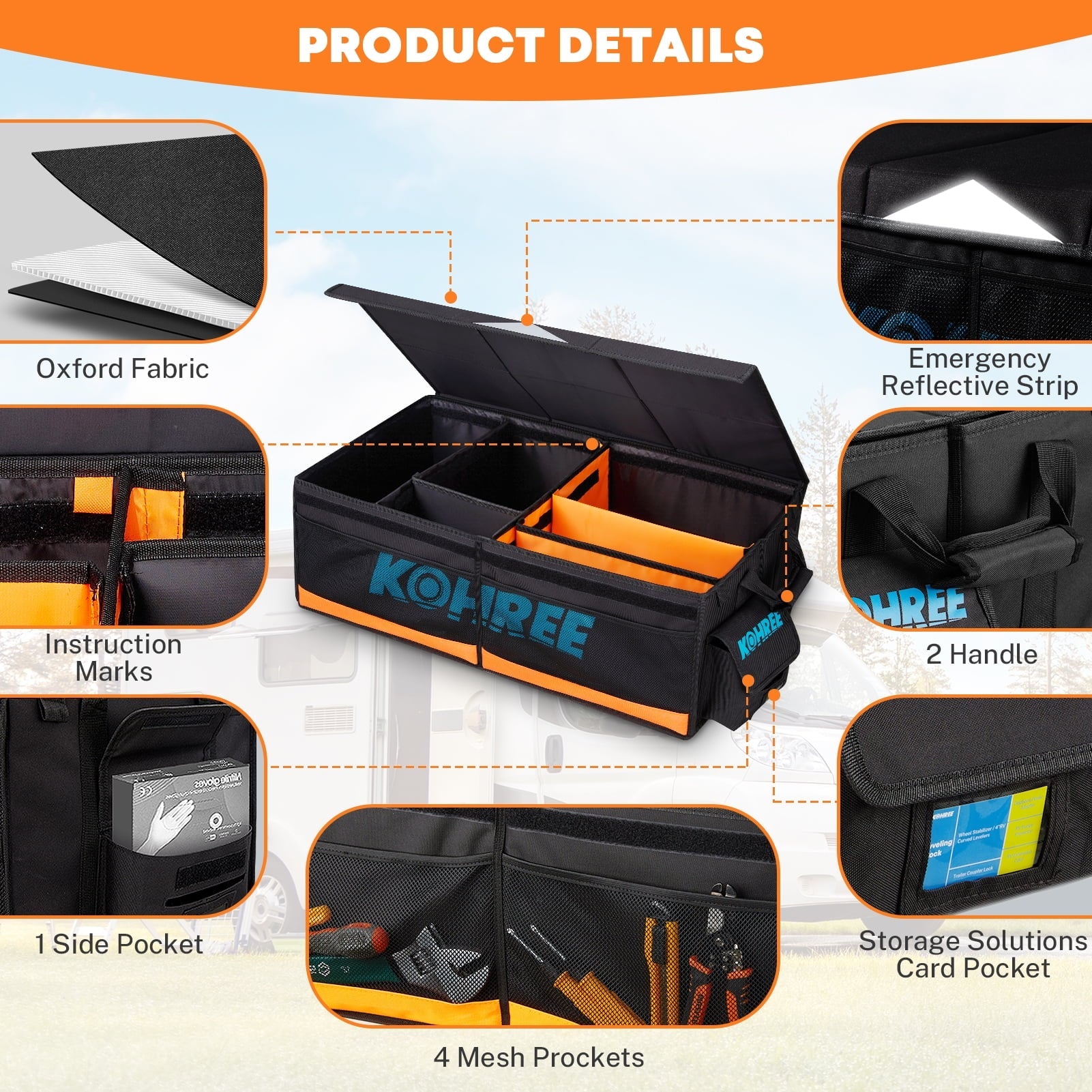 Kohree Car Trunk Organizer, 81L Large-Capacity Foldable Car Storage Box with Multiple Compartments, Waterproof 900D Oxford for RV, SUV, Truck, Van, Car Accessories, Tools-Orange