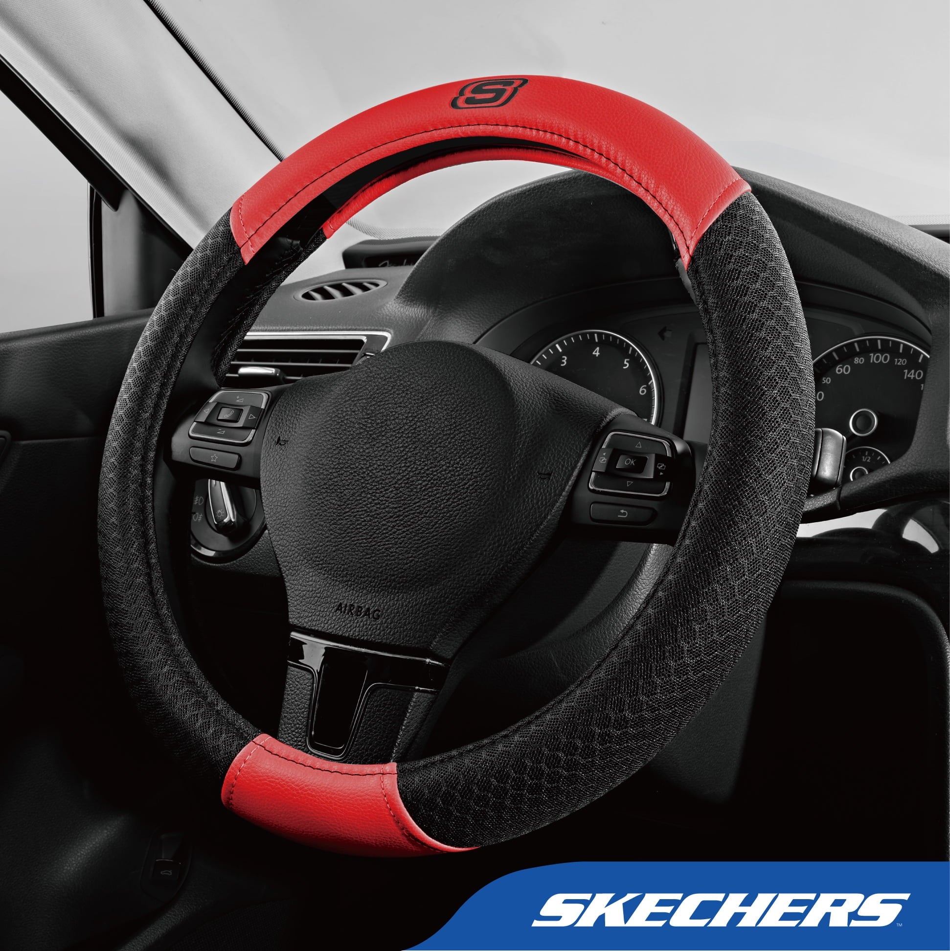 Skechers Air Cooled Memory Foam Steering Wheel Cover, Breathable Comfort Grip, Soft Leather, All-Season Fit for Cars, SUVs, and Trucks Red