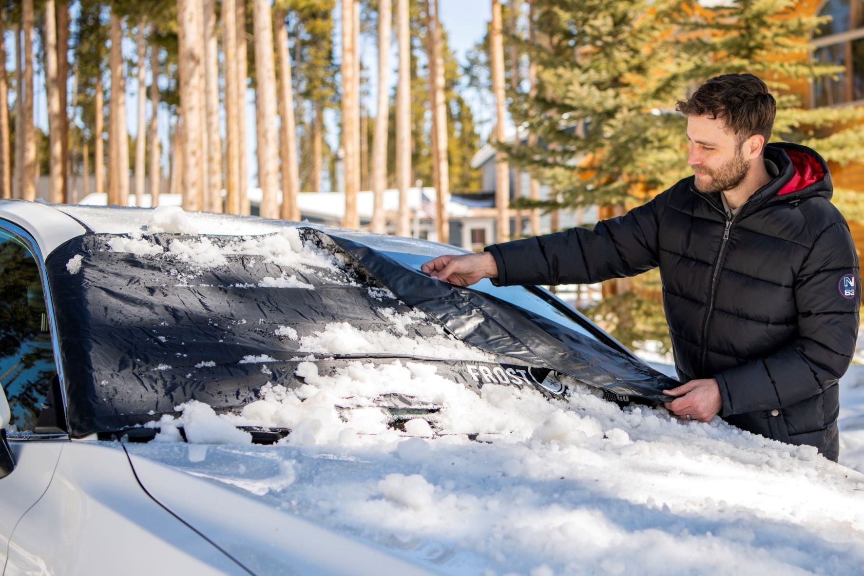 FrostGuard Go Winter Windshield Cover for Snow and Ice, One Size, Security Panels, 61x32 inches, Black