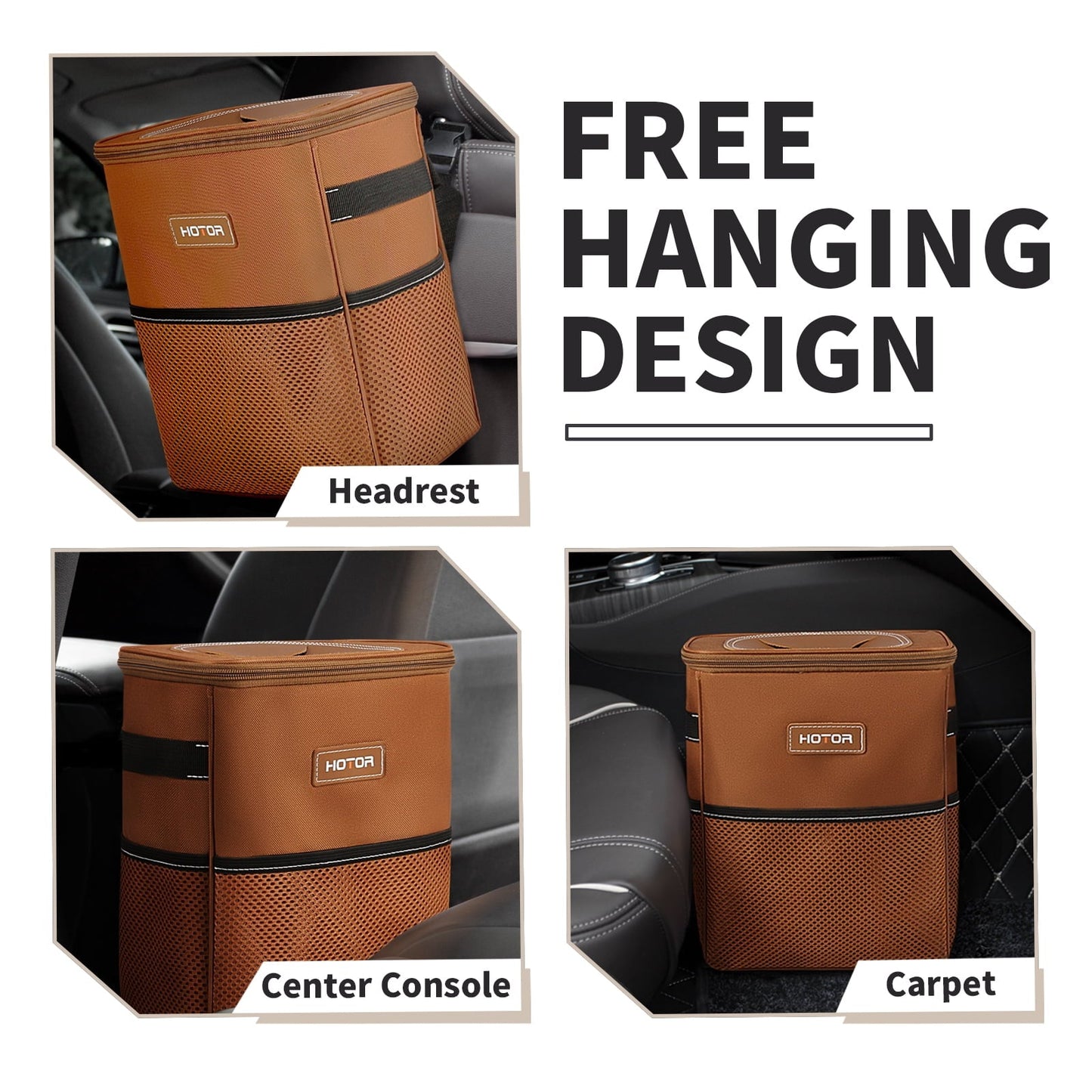 HOTOR Car Trash Can with Lid, Leak-Proof Car Garbage Can with Mesh Pockets, Car Accessories, 2 Gallons, Brown