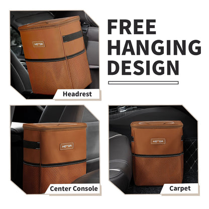 HOTOR Car Trash Can with Lid, Leak-Proof Car Garbage Can with Mesh Pockets, Car Accessories, 2 Gallons, Brown