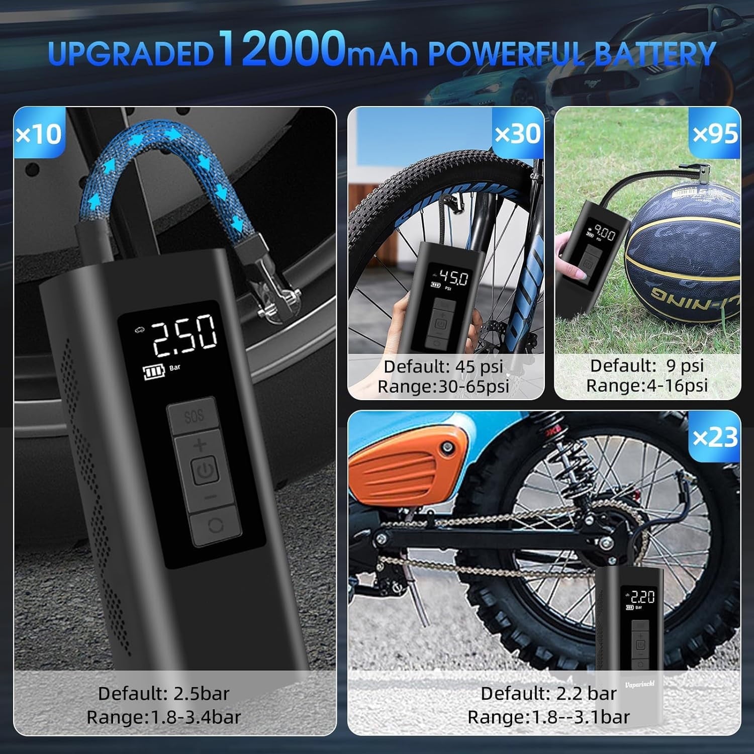 Tire Inflator Portable Air Compressor, 160 PSI Air Pump with 12000mAh Battery, Auto-shutoff for Cars, Digital Pressure Gauge, Emergency LED Light