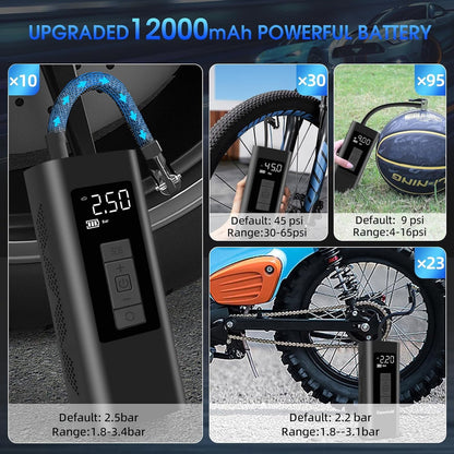 Tire Inflator Portable Air Compressor, 160 PSI Air Pump with 12000mAh Battery, Auto-shutoff for Cars, Digital Pressure Gauge, Emergency LED Light