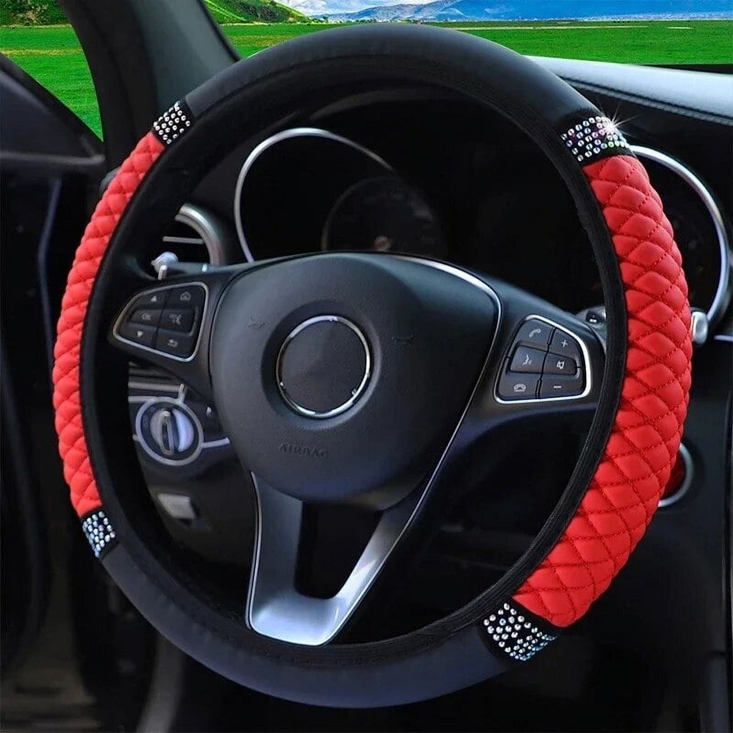 Universal Car Steering Wheel Cover 37-38cm Leather Embroidered Color Diamond-Studded Elastic Four Seasons Steering Wheel Cover Black
