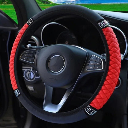 Universal Car Steering Wheel Cover 37-38cm Leather Embroidered Color Diamond-Studded Elastic Four Seasons Steering Wheel Cover Black