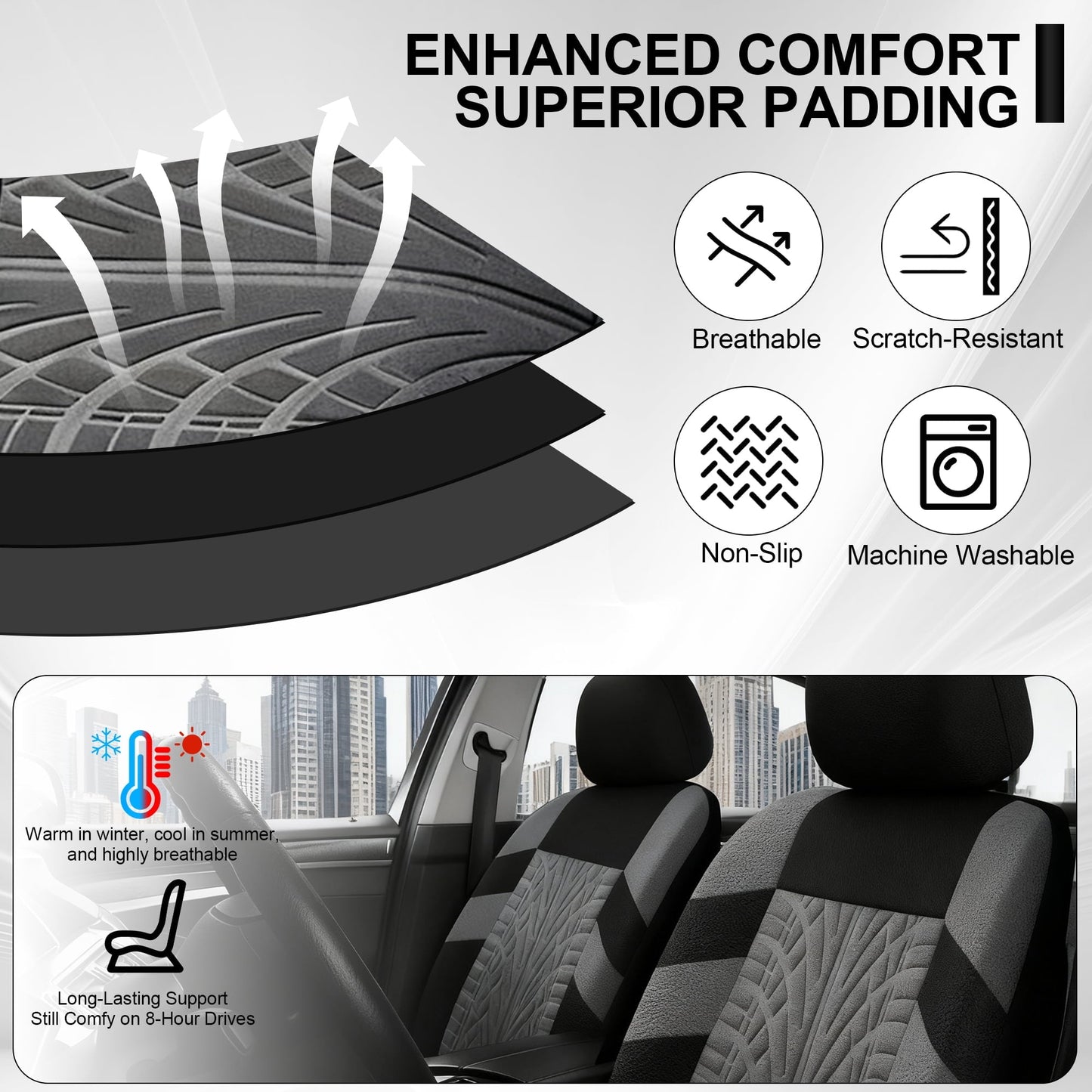 FLORAY 9-Piece Car Seat Covers Full Set - Airbag Safe, Thickened, Split Rear, Machine Washable - Universal Fit for Cars, SUVs, Trucks, Gray