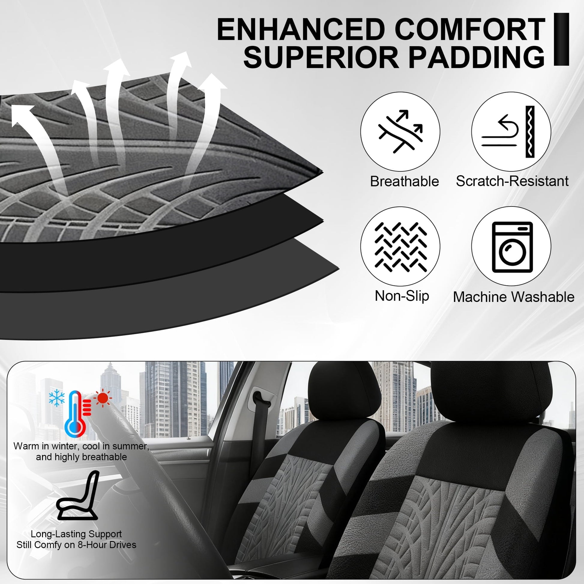 FLORAY 9-Piece Car Seat Covers Full Set - Airbag Safe, Thickened, Split Rear, Machine Washable - Universal Fit for Cars, SUVs, Trucks, Gray