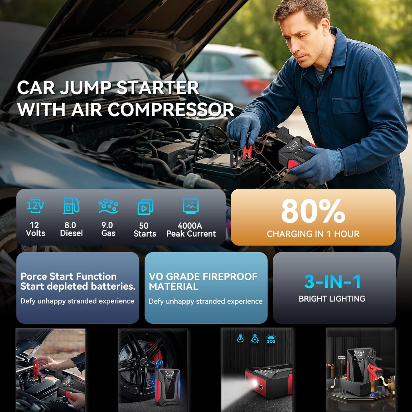 Amybaby 8-in-1 Emergency Jump Starter & Tire Inflator – 4000A Peak for Gas/Diesel Engines, 150PSI Auto-Stop Air Compressor, LED Light + Power Bank | All-Climate (-40°F) Roadside Savior