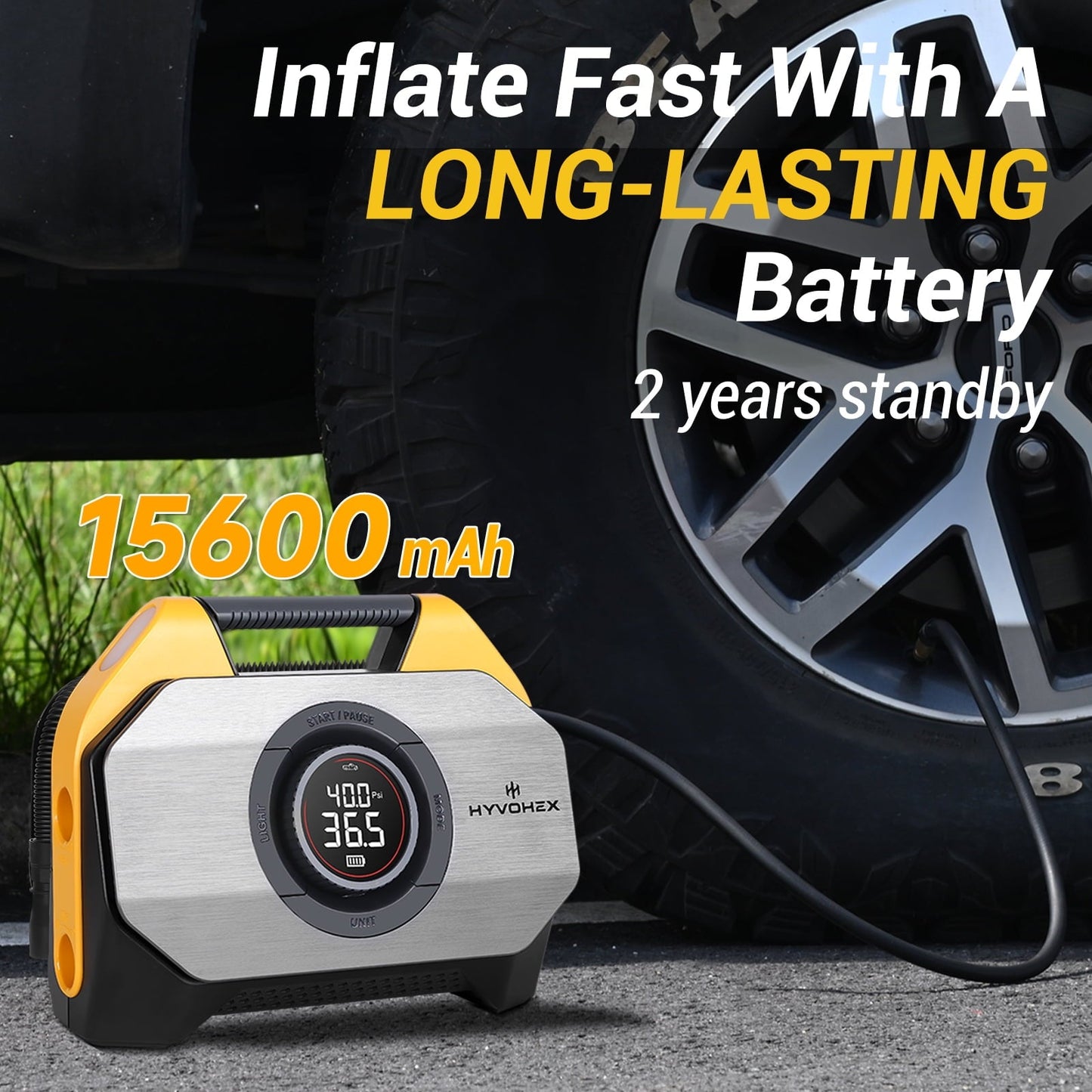 HYVOHEX Tire Inflator Portable Air Compressor for Heavy-duty Vehicle Cordless Air Pump for Car Inflatables 15600mAh Battery