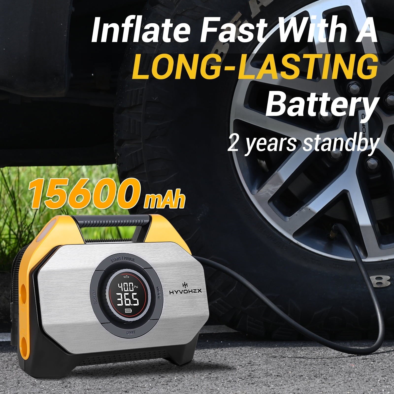 HYVOHEX Tire Inflator Portable Air Compressor for Heavy-duty Vehicle Cordless Air Pump for Car Inflatables 15600mAh Battery