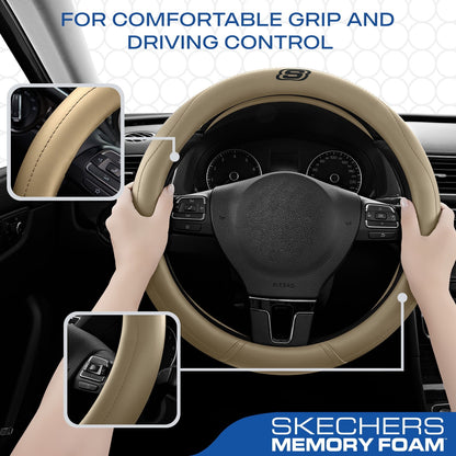Skechers Leather Steering Wheel Cover, Premium Non-Slip Comfort, Durable and Universal Fit for Cars and Trucks Beige