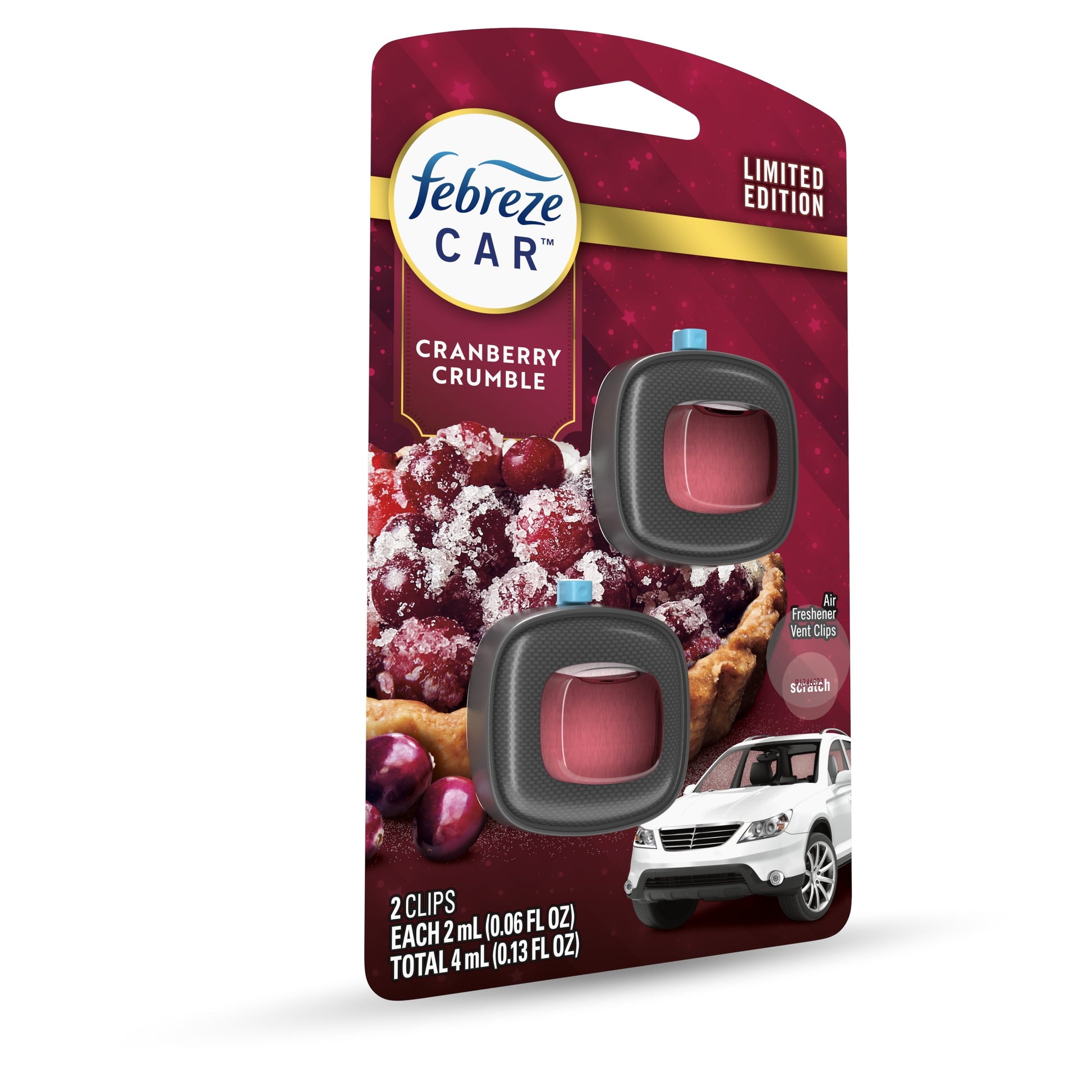 Febreze Car Air Freshener, Odor-Fighting Car Vent Clip, Cranberry Crumble, 2 Count