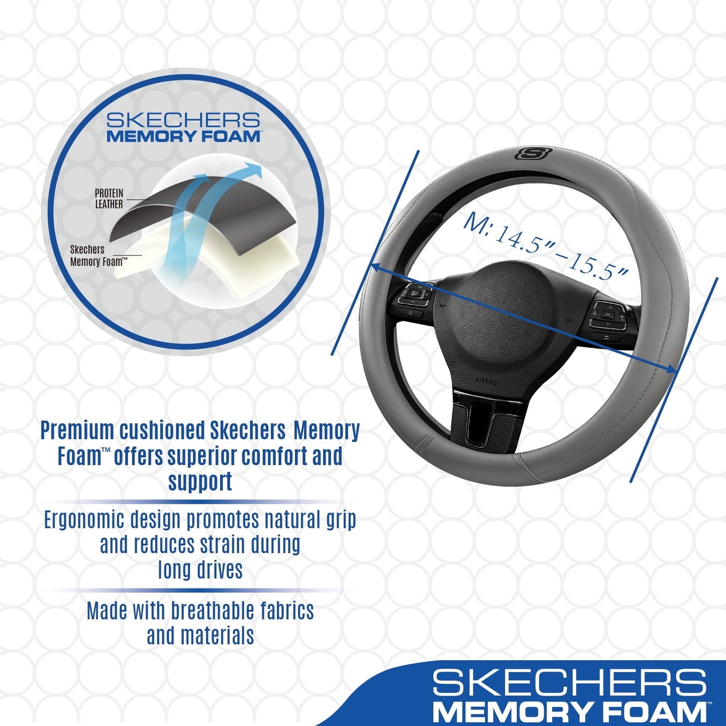 Skechers Leather Steering Wheel Cover, Premium Non-Slip Comfort, Durable and Universal Fit for Cars and Trucks Gray