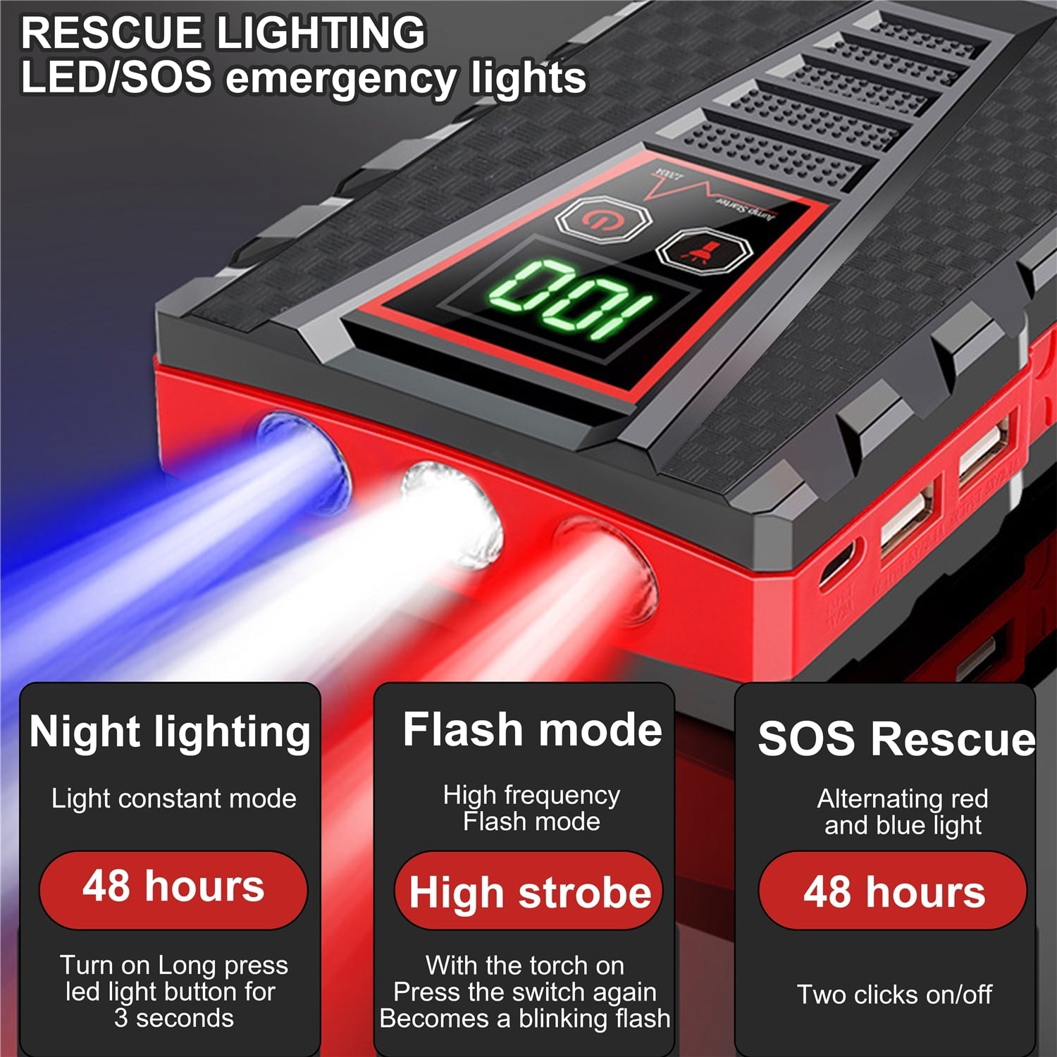 PRAXO Multi-functional Car Jump Starter, 5000A Peak 99800mAh Battery Jump Starter, 12V Car Battery Charger, Auto Battery Booster w/ LCD Display & 3 LED Modes, Portable Power Bank Charger