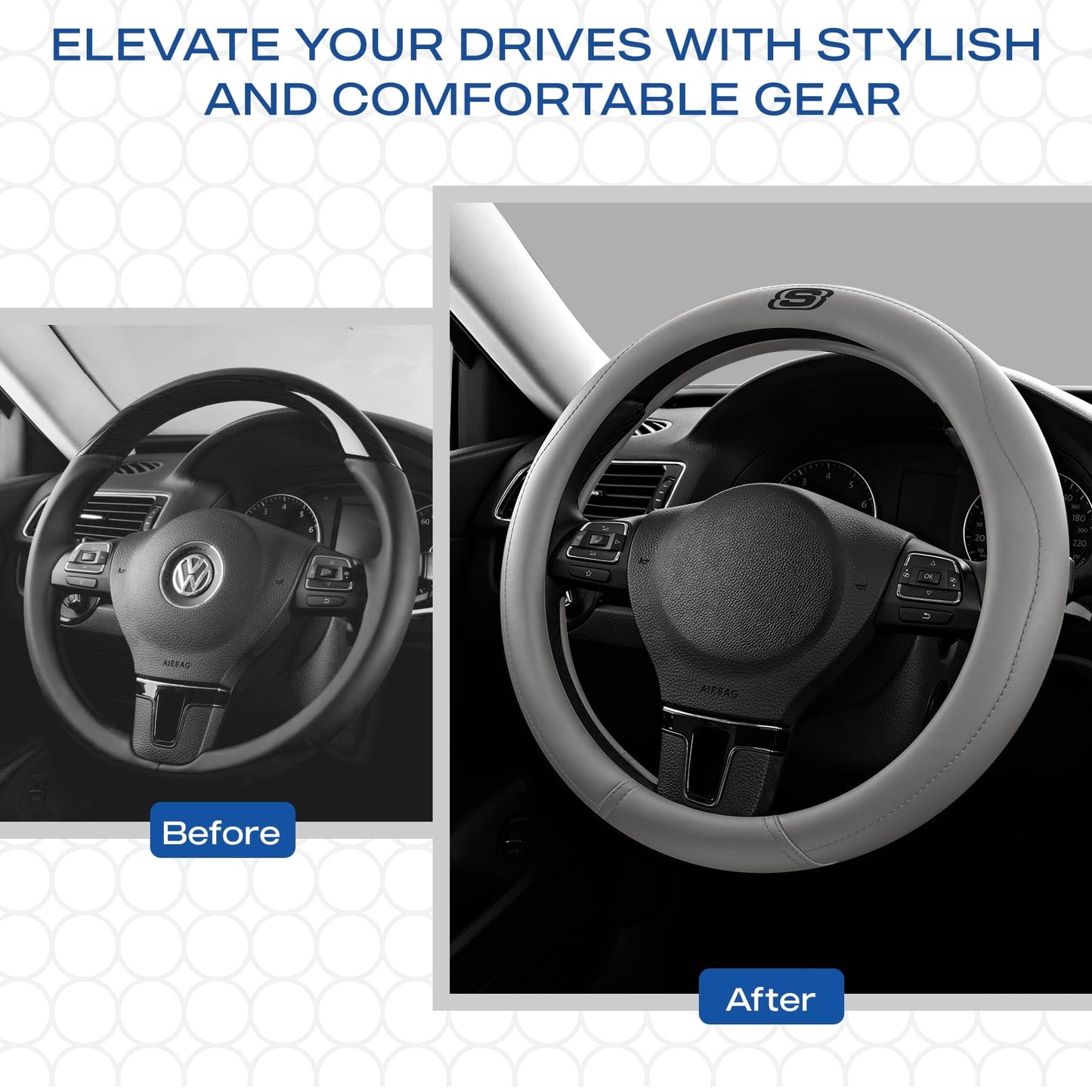 Skechers Leather Steering Wheel Cover, Premium Non-Slip Comfort, Durable and Universal Fit for Cars and Trucks Gray