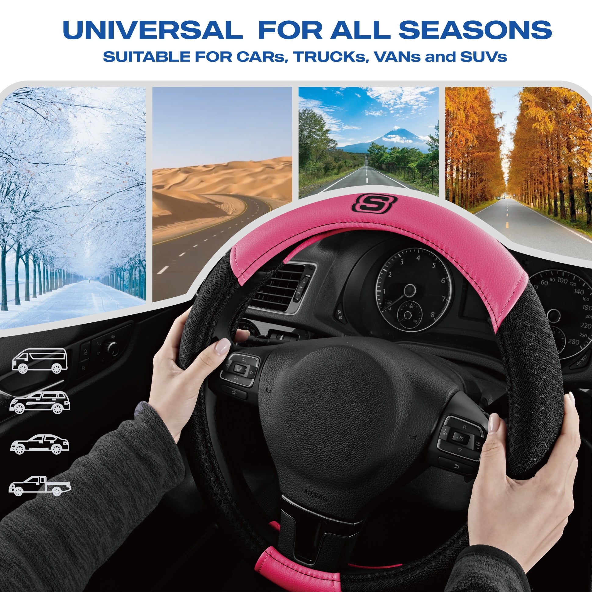 Skechers Air Cooled Memory Foam Steering Wheel Cover, Breathable Comfort Grip, Soft Leather, All-Season Fit for Cars, SUVs, and Trucks Hot Pink