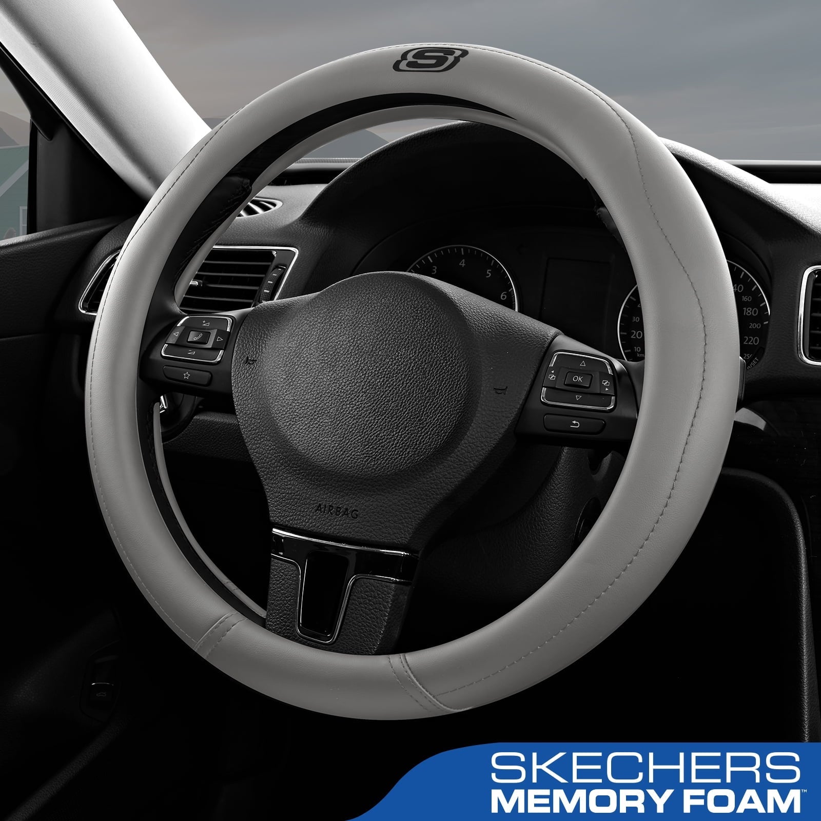 Skechers Leather Steering Wheel Cover, Premium Non-Slip Comfort, Durable and Universal Fit for Cars and Trucks Gray