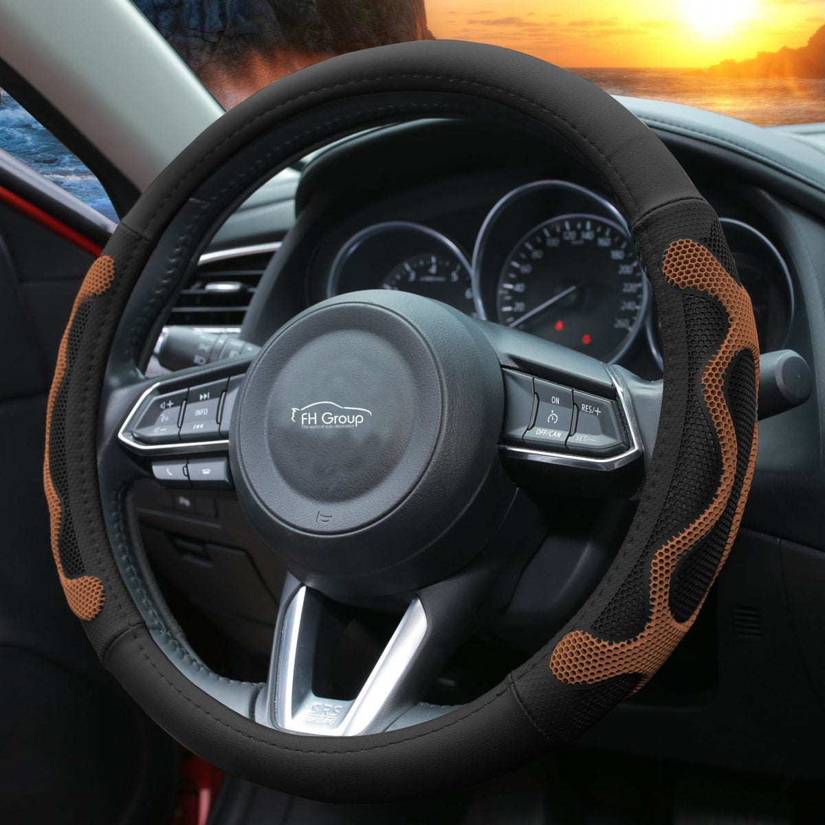 FH Group 1.6 lb. Leather Brown Steering Wheel Cover with Silicone Anti Slip Grip and Air Freshener
