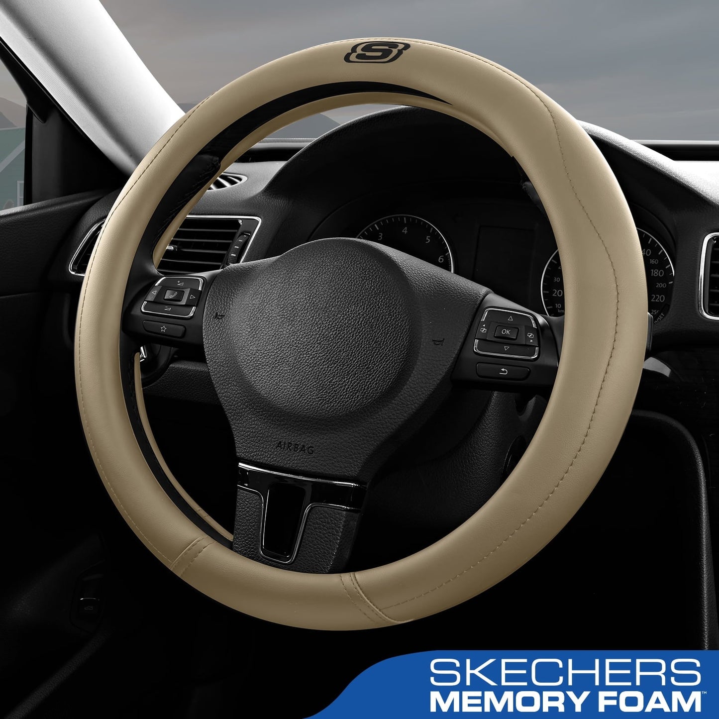 Skechers Leather Steering Wheel Cover, Premium Non-Slip Comfort, Durable and Universal Fit for Cars and Trucks Beige