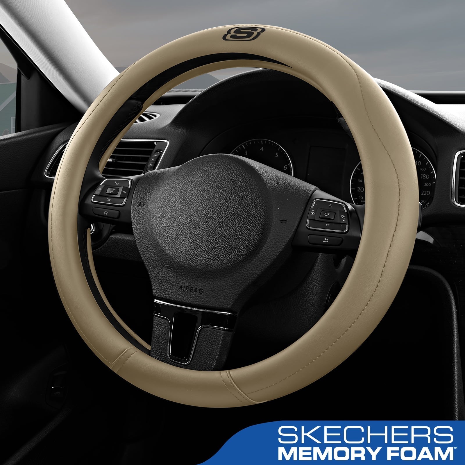 Skechers Leather Steering Wheel Cover, Premium Non-Slip Comfort, Durable and Universal Fit for Cars and Trucks Beige
