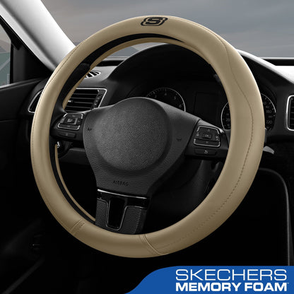 Skechers Leather Steering Wheel Cover, Premium Non-Slip Comfort, Durable and Universal Fit for Cars and Trucks Beige