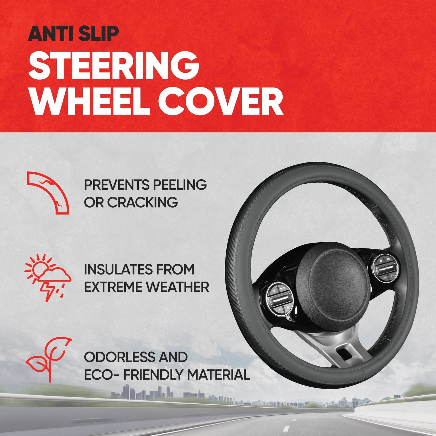 Motor Trend Carbon Fiber Grip Steering Wheel Cover - CarbonGripX Charcoal Gray and Black, Comfortable Non-Slip Design