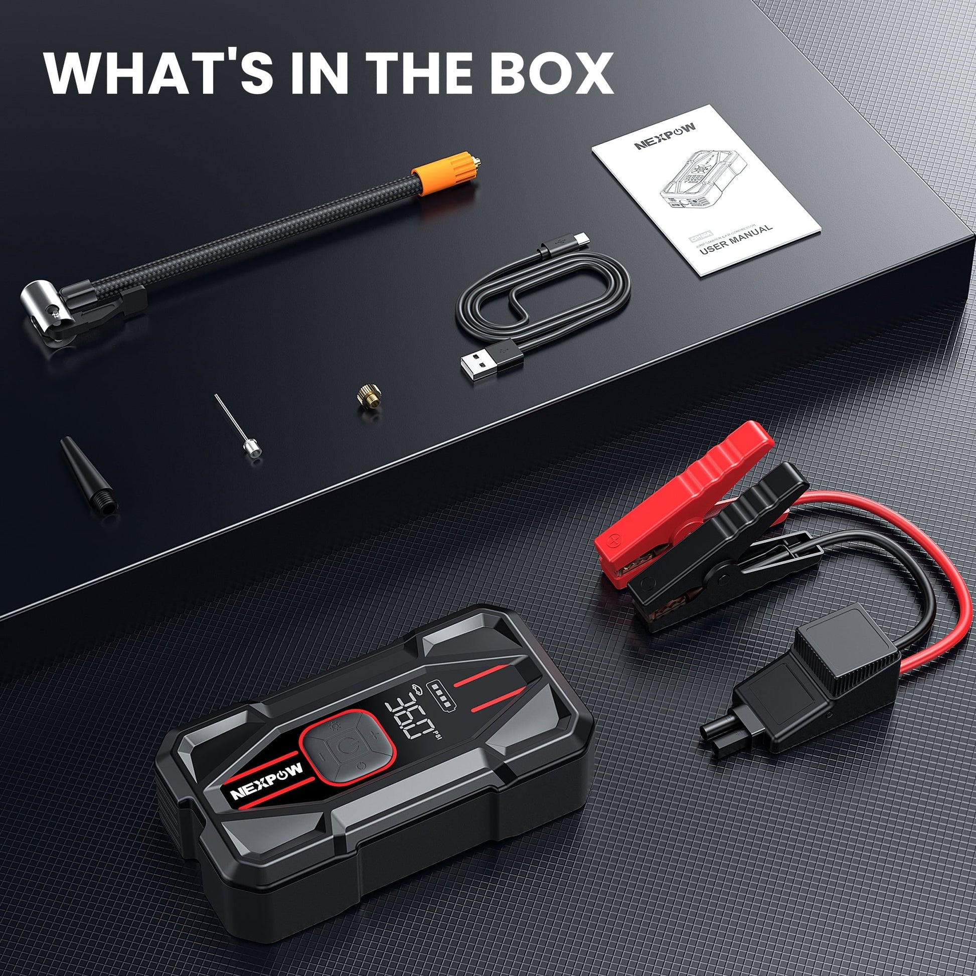 NEXPOW 3000A Car Jump Starter & Air Compressor - 12V 59.2Wh Portable Battery Booster with PD 30W Fast Charge, 150PSI Air Pump, Smart Clamps for Cars/SUVs/Trucks (Emergency Multi-Function Power Pack)