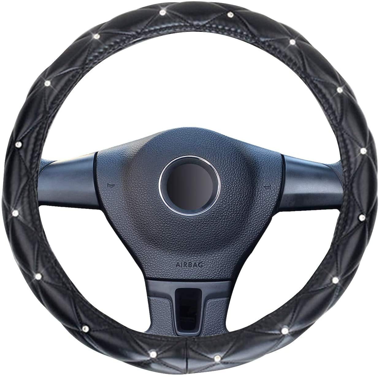 eing Pu Leather Steering Wheel Cover,Bling Crystal Steering Wheel Cover Universal Fit 15" Car Wheel Protector ,Black