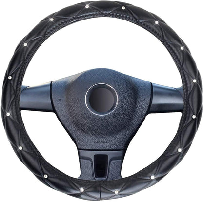 eing Pu Leather Steering Wheel Cover,Bling Crystal Steering Wheel Cover Universal Fit 15" Car Wheel Protector ,Black