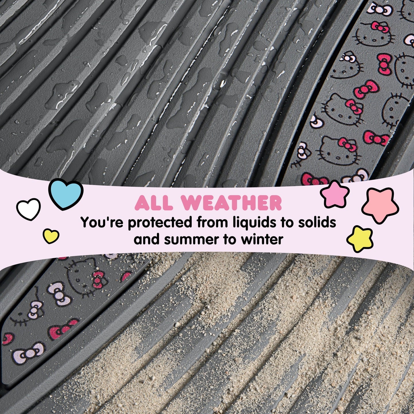 Hello Kitty 4pc Car Mats for Cars, Trucks, SUVs - Kawaii Rubber Floor Mats for Women & Men, Heavy Duty Non-Slip Front & Rear Mats, Cute Hello Kitty Accessories, Classic Gray with Pink Bows