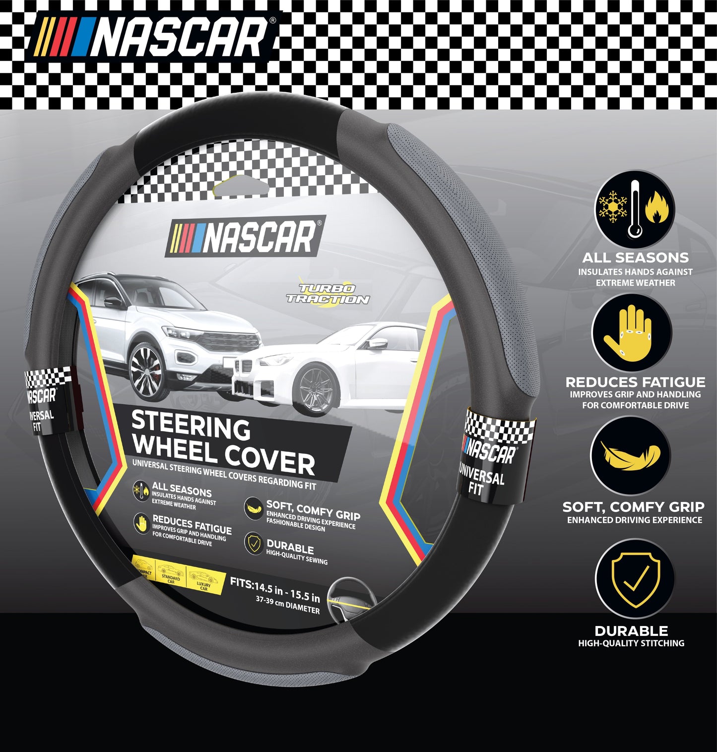 NASCAR Steering Wheel Cover | Grip & Comfort | Synthetic Leather & Suede | Universal Fit 14.5"-15.5" For Car, SUV, Truck | Turbo Traction Style