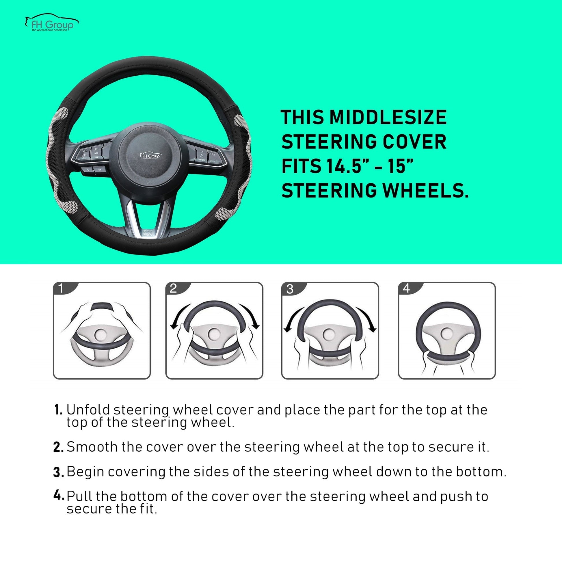 FH Group Universal PU Leather Car Steering Wheel Covers w/ Anti-Slip Grip Fits 14.5"-15.5"