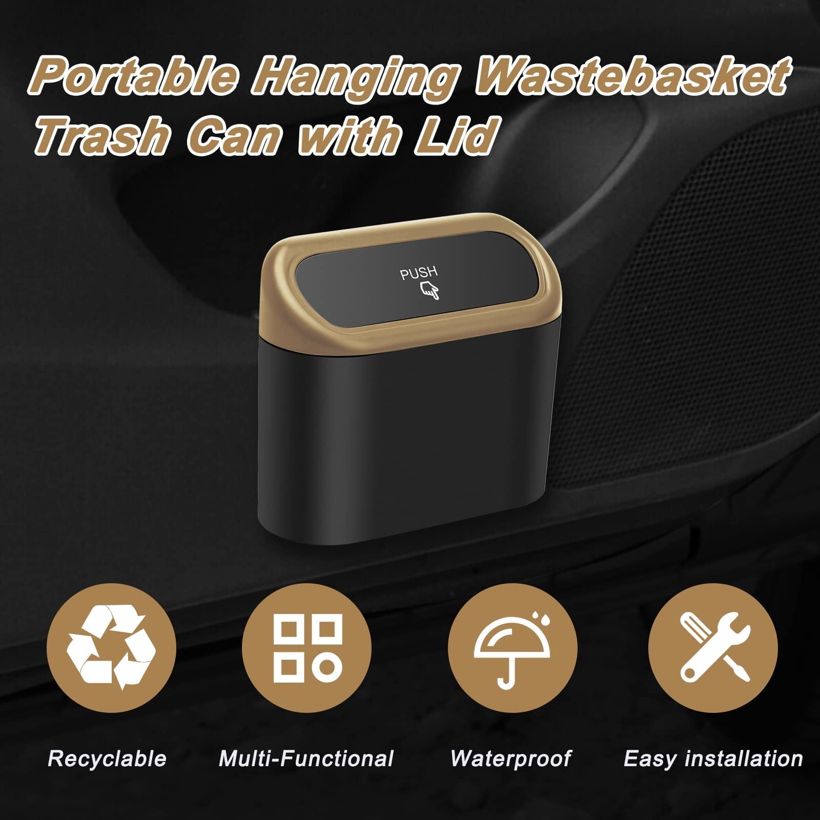 Plutput Small Car Trash Can with lid, Car Garbage Can Portable Hanging Mini Car Trash Can Car Holder with 30pcs Garbage Bags for Car, Office, Home(Yellow)