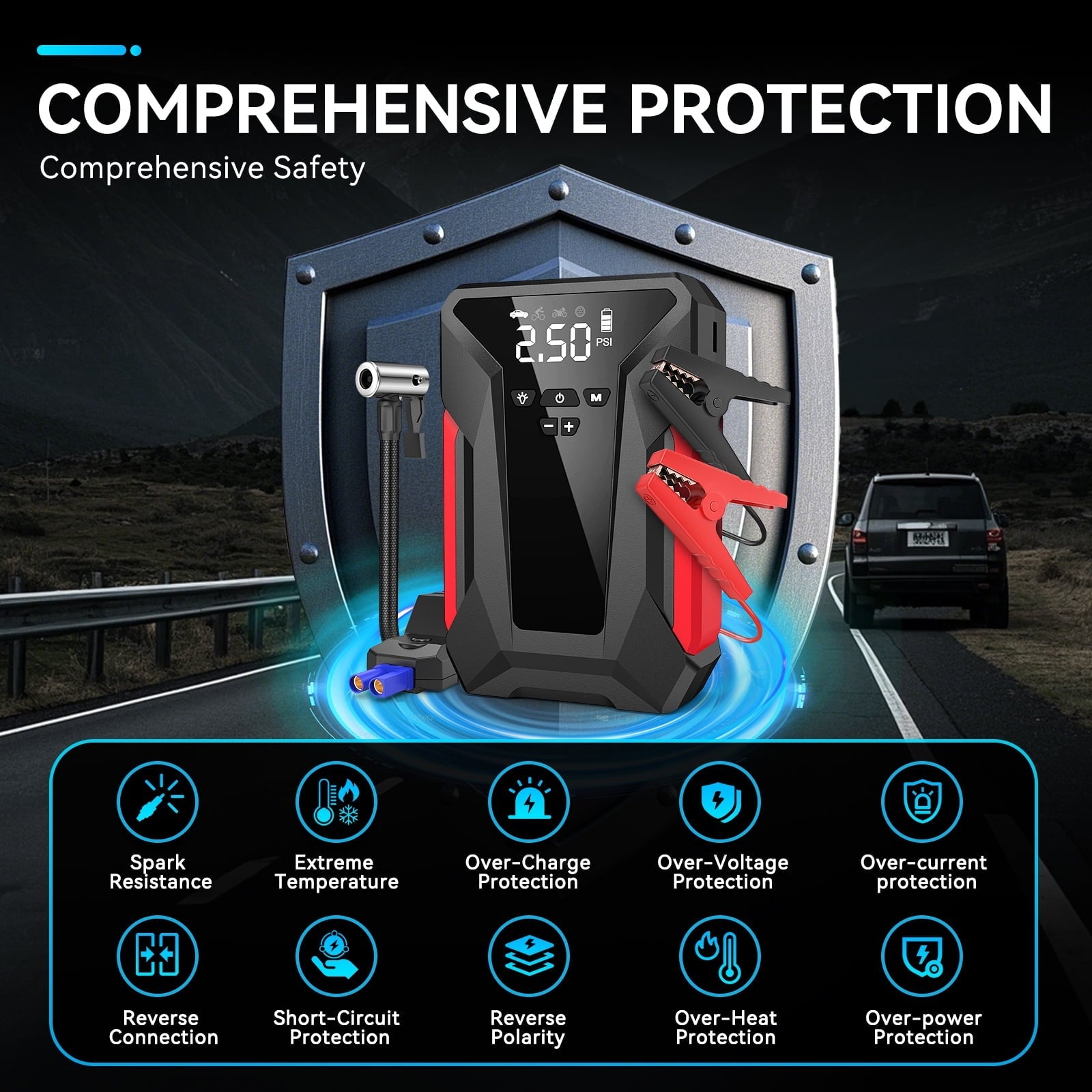 Amybaby 8-in-1 Emergency Jump Starter & Tire Inflator – 4000A Peak for Gas/Diesel Engines, 150PSI Auto-Stop Air Compressor, LED Light + Power Bank | All-Climate (-40°F) Roadside Savior