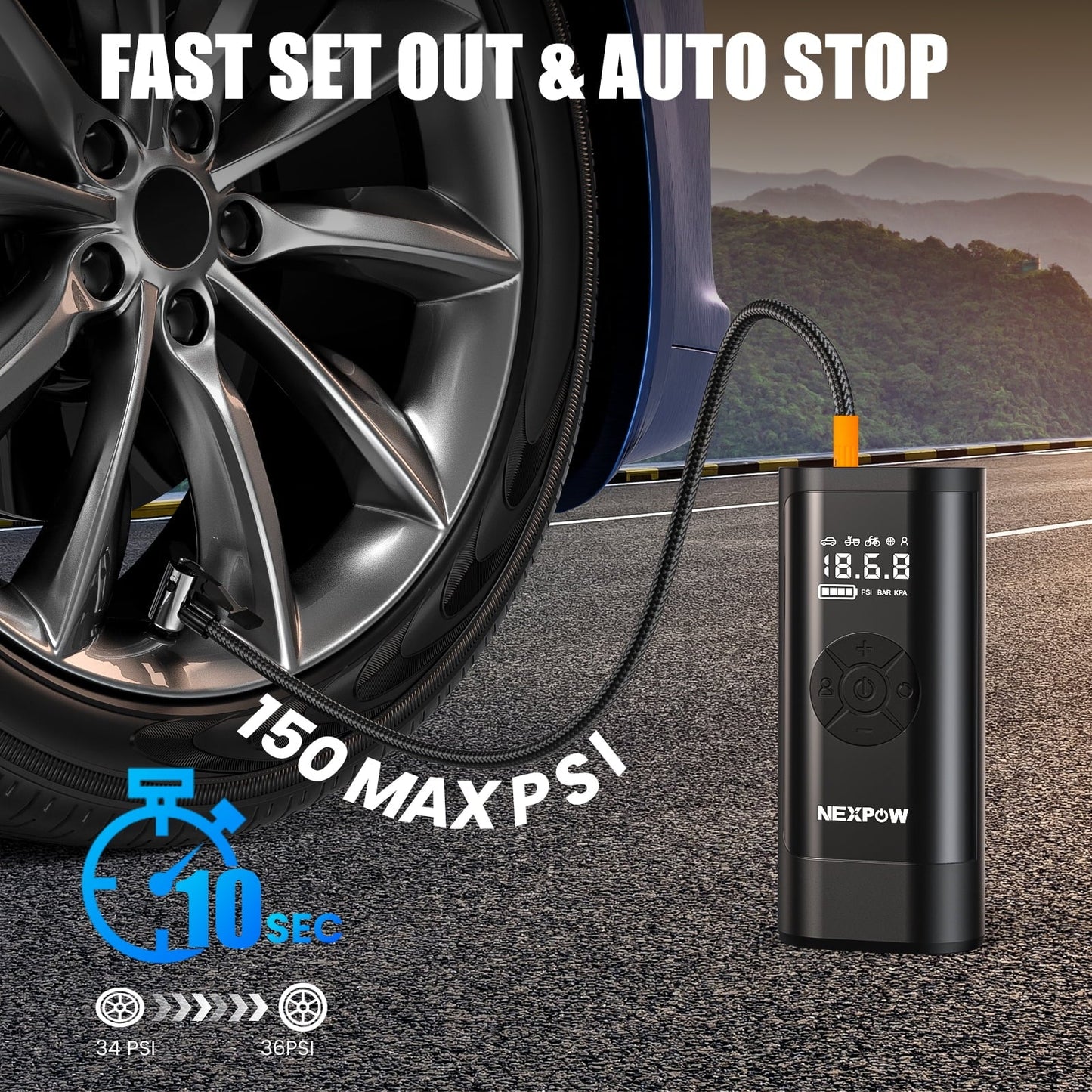 NEXPOW Tire Inflator Portable Air Compressor, 150PSI Cordless Bike Tire Pump with Auto-Shuts off, 8000mAh Air Pump for Car Tires for Car, Bike, Ball