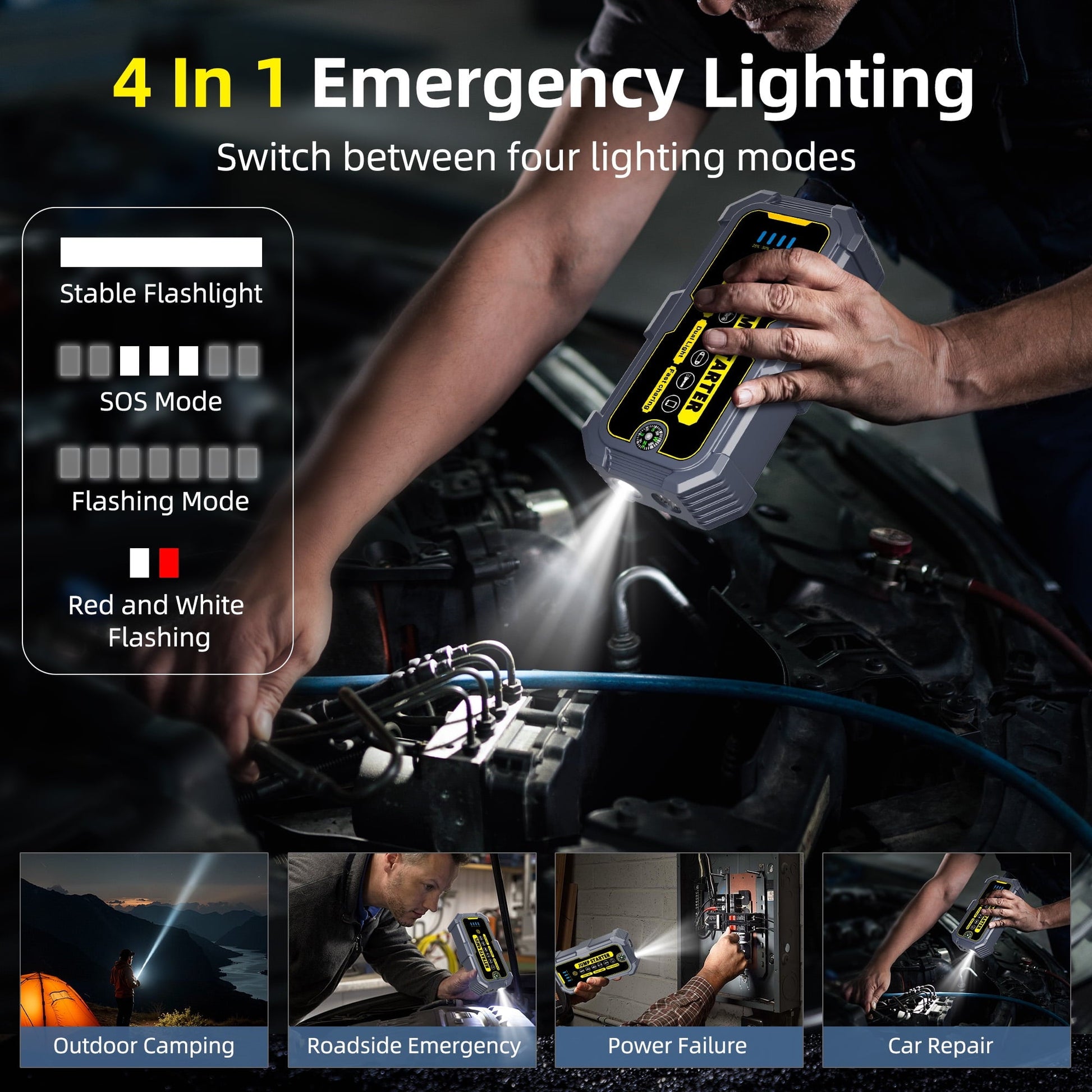 KAIPARA 4000A Car Jump Starter, 37000mWH Portable Power Bank for 12V Gas/Diesel Engines, with LED Light, Compass & Quick-Charge
