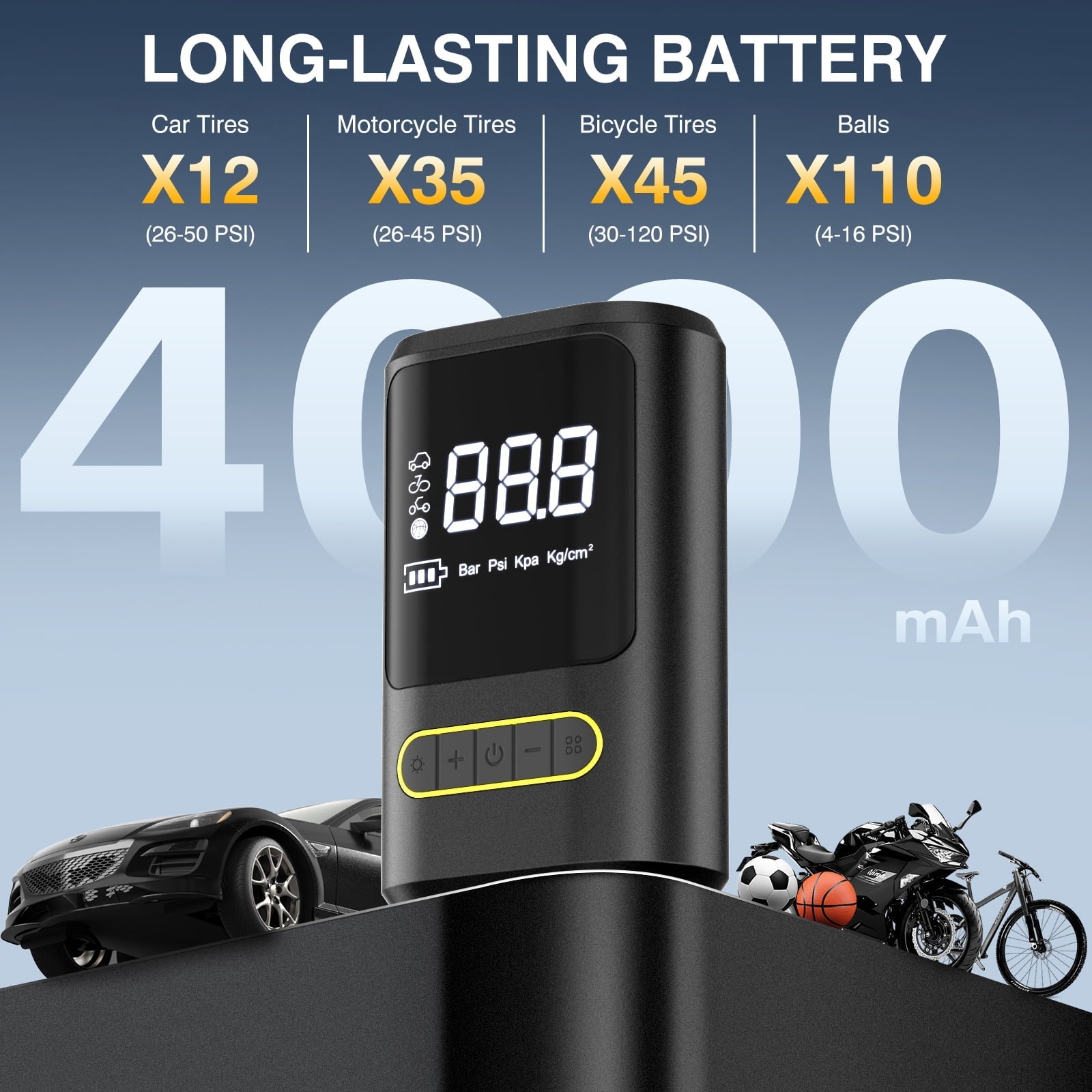Cshidworld Tire Inflator Portable Air Compressor, 150 PSI & 4000mAh Cordless Bike Pump for Auto Bicycle Balls with Digital Pressure Gauge/LED Light, 3X Fast Inflation Smart Air Pump Black