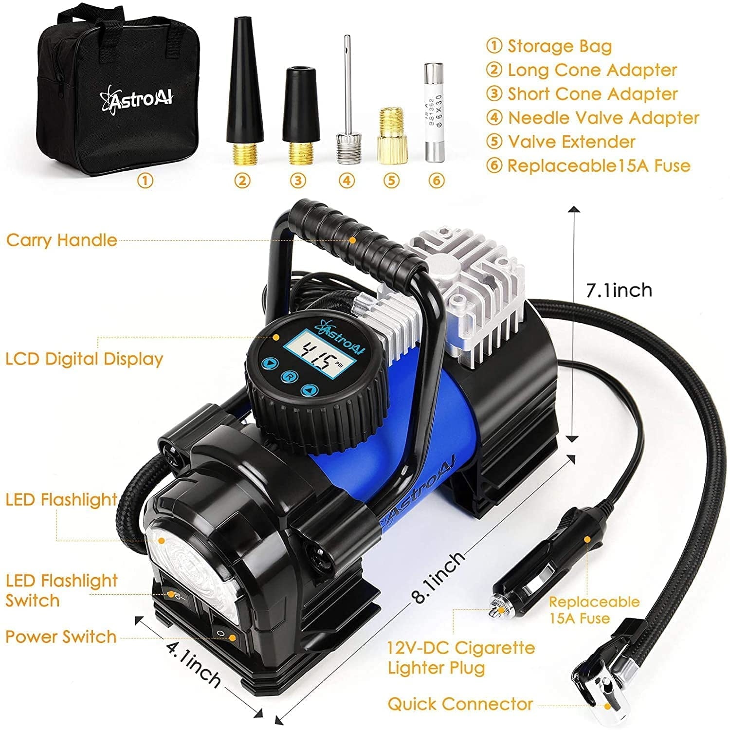AstroAI Tire Inflator Portable Air Pump for Car Tires, Digital Air Compressor 150PSI with LED Light for Cars, 12V DC, Blue