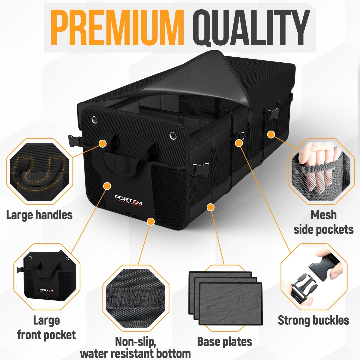 FORTEM SUV Trunk Organizer, Car Organizer, Collapsible Multi-Compartment Storage Bag for Car Accessories for Women Men, 1680D Oxford, Non Slip Bottom, Adjustable Straps, Soft Cover (90L)